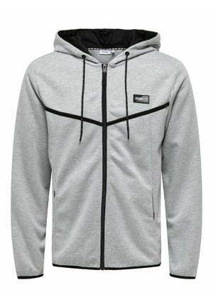 Grey zip-up hoodie with black accents, featuring a drawstring hood, front pockets, and logo patch on the chest. Soft fabric with smooth texture.