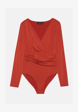 Rode lange mouwen bodysuit met een diepe V-hals en gerimpelde zijkant, gemaakt van gladde, rekbare stof, met een aansluitende onderkant.