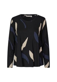 Zwarte longsleeve shirt met beige en donkerblauwe abstracte bladerenpatronen, ronde halslijn en een ontspannen pasvorm.