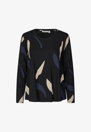 Schwarzes Langarmshirt mit beigen und dunkelblauen abstrakten blattformigen Mustern, runder Ausschnitt und lockere Passform.