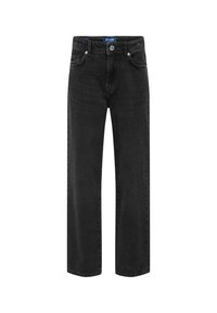 Mustad denim püksid sirge sääre lõikega, viie taskuga, nööbikinnitusega ja kerge fade-efekti ning vastupidavast puuvillakangast.