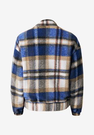Fleecejack met een blauw, bruin en crèmekleurig geruit ontwerp, met elastische manchetten en een cropped zoom. Zachte textuur en een ontspannen pasvorm.