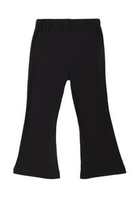 Pantaloni neri in cotone a zampa d'elefante con cintura elastica, texture liscia e senza motivi o accessori visibili. Taglio per una vestibilità comoda.