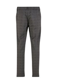 Gray patterned trousers with a smooth texture, featuring a straight fit, belt loops, and two back pockets, designed for casual wear.