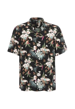 Schwarzes kurzärmeliges Hemd mit Knöpfen und buntem tropischem Blumenmuster mit weißen Blumen und grünen Blättern.