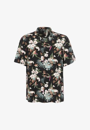 Sort kortærmet skjorte med knapper med farverigt tropisk blomsterprint med hvide blomster og grønne blade.