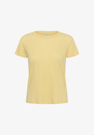 Kurzärmliges, pastellgelbes Strickoberteil mit dezenten vertikalen Strukturmustern und rundem Ausschnitt.