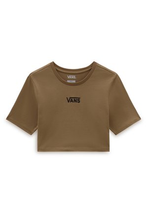 Brązowy krótki t-shirt Vans z krótkimi rękawami i czarnym logo Vans na środku klatki piersiowej.