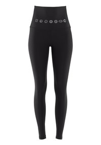 Black high-waisted leggings with a smooth texture, featuring a line of 8 white symbols across the top band. Elastic and form-fitting design.