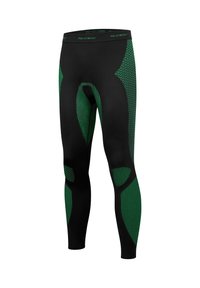 Black athletic leggings with green textured accents, featuring a fitted design and varied patterns on the sides. Elastic waistband with brand logo.