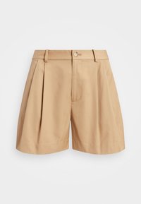Beige skräddarsydda shorts med veckat framstycke, knappstängning och fickor. Tillverkade av lättviktig tyg med en mjuk textur.