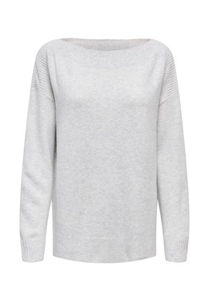 Gaiši pelēks adīts džemperis ar plašu izgriezumu, nolaidām pleciem un ribotu aproču un apakšmalu. Mīksta tekstūra un brīvs piegriezums.