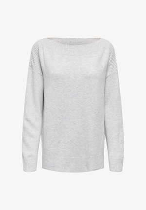 Maglione grigio chiaro, lavorato a maglia, con scollo ampio, spalle scese e polsini e orlo a costine. Tessuto morbido e vestibilità comoda.