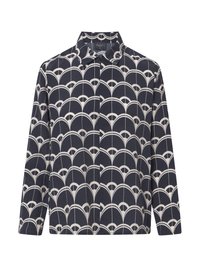 Blusa navy con un motivo a arco crema su tutta la superficie, design da camicia con colletto, maniche lunghe e taglio dritto con spacchi laterali.