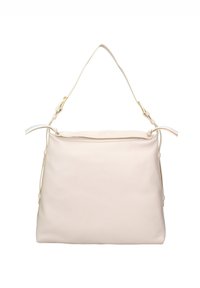 Borsa a mano in pelle beige chiaro con una texture morbida, una sola tracolla regolabile e chiusura a zip superiore. Design minimalista senza hardware visibile.