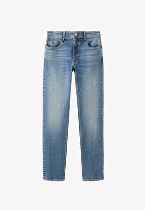 Jasnoniebieskie dżinsy o prostych nogawkach z przednimi kieszeniami, szlufkami na pasek i zapięciem na guzik, przedstawione na białym tle.