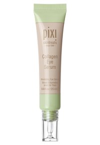 Sérum pour les yeux au collagène dans un tube à pression ; couleurs beige clair et vert. Embout applicateur transparent avec une prise texturée sur le dessus. Capacité de 25 ml.
