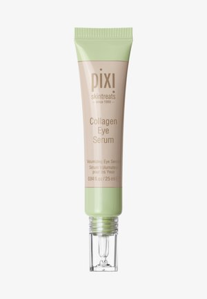 Sérum pour les yeux au collagène dans un tube à pression ; couleurs beige clair et vert. Embout applicateur transparent avec une prise texturée sur le dessus. Capacité de 25 ml.