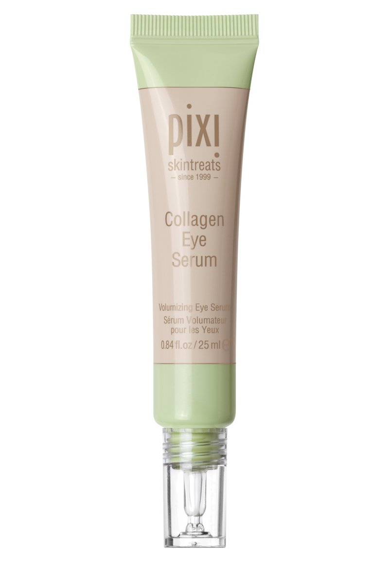 Sérum pour les yeux au collagène dans un tube à pression ; couleurs beige clair et vert. Embout applicateur transparent avec une prise texturée sur le dessus. Capacité de 25 ml.