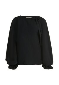 Zwarte blouse met een ronde halslijn en een strikdetail op de schouder. Voorzien van volumineuze lange mouwen met ruches aan de manchetten.