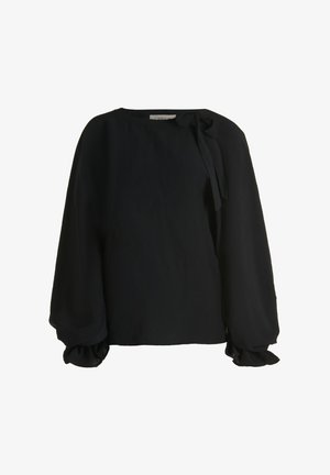 Schwarze Bluse mit Rundhalsausschnitt und Binddetail an der Schulter. Verfügt über voluminöse lange Ärmel mit Rüschendetails an den Manschetten.