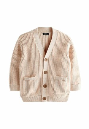 Cardigan beige en maille avec manches longues, fermeture boutonnée à l’avant, deux poches sur le devant et texture côtelée.