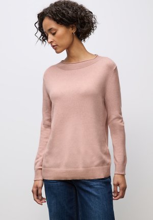 Hellrosaner Pullover aus weichem Material, mit langen Ärmeln und entspannter Passform, ausgestattet mit einem gerippten Saum und gerippten Bündchen. Lässiges Design.