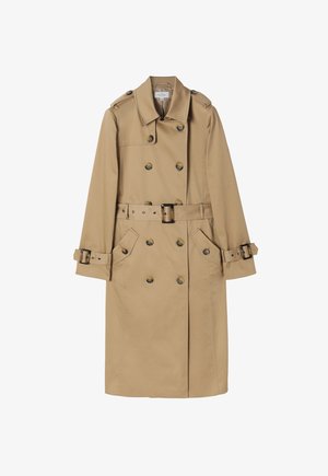 Beige ballonkabát, dupla gombolású dizájnnal, nagyméretű gombokkal, övvel ellátott derékkal és vállpántokkal. Oldalsó zsebekkel rendelkezik.