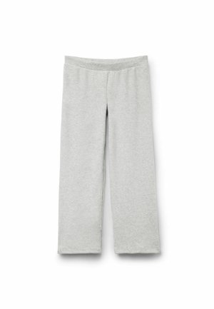 Hellgraue, weiche Baumwollmischungshosen mit weitem Bein-Design, ausgestattet mit einem elastischen Bund und ohne ausgeprägte Muster oder Akzente.
