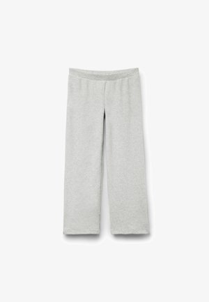 Pantalons en mélange de coton gris clair, doux, avec une coupe large, dotés d'une taille élastique et sans motifs ni accents distincts.