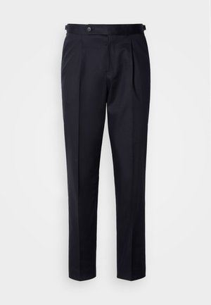 Teget hlače od glatkog tkanja, s naborima sprijeda, ravnim nogavicama i pojasom s gumbom za zatvaranje.