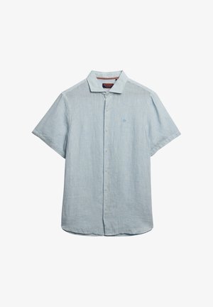 Hellblaues Kurzarmhemd aus strukturiertem Stoff. Mit einer Knopfleiste vorne und einem kleinen Logo auf der linken Brust. Lässiges Design.