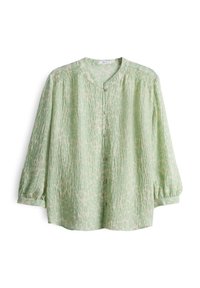Blouse verte claire à manches longues avec un motif beige subtil, boutons sur le devant, encolure ronde et détails froncés aux épaules et aux poignets.