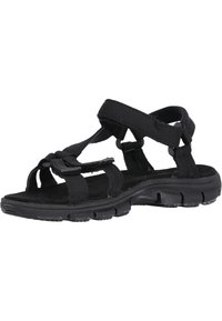 Black sports sandals featuring a synthetic upper with adjustable straps, a cushioned footbed, and a flexible rubber sole with grip detailing.