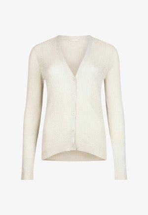 Kremfarvet ribstrikket cardigan med V-hals, lange ærmer og fem knapper. Blød tekstur med en let figursyet silhuet.