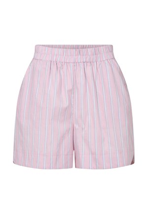 Roosa puuvillast lühikesed püksid siniste vertikaalsete triipudega, millel on elastne vöökoht ja mugav lõige, mida iseloomustab sile tekstuur.