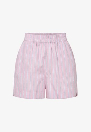 Roosa puuvillast lühikesed püksid siniste vertikaalsete triipudega, millel on elastne vöökoht ja mugav lõige, mida iseloomustab sile tekstuur.