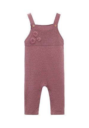 Rosa gestrickter Overall mit verstellbaren Trägern, strukturiertem Oberteil, drei Blumenakzenten vorne und Druckknöpfen am Boden.