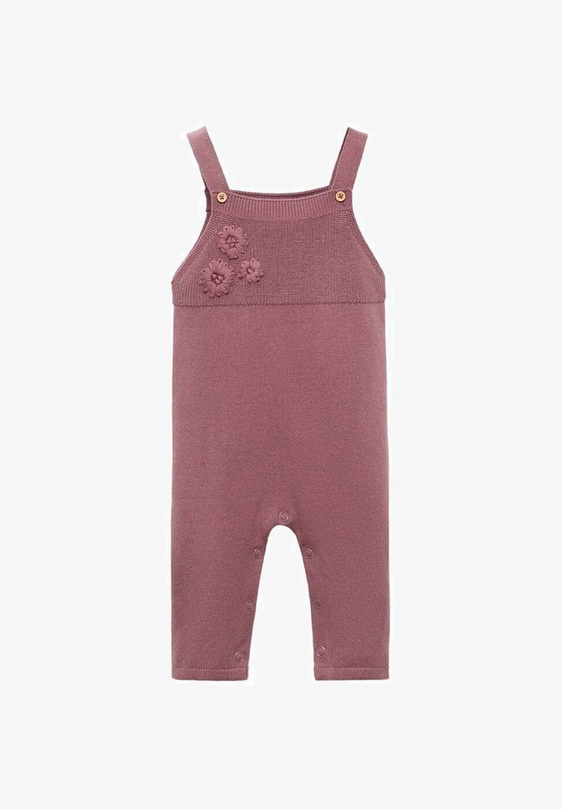 Roza pletena romper obleka z nastavljivimi naramnicami, teksturiranim trupom, tremi cvetličnimi detajli spredaj in spuščanjem z gumbki na dnu.