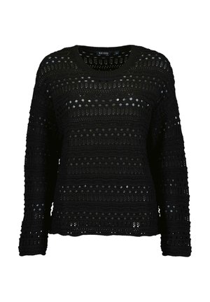 Maglione lavorato a maglia nero con collo rotondo, caratterizzato da motivi a giorno e maniche lunghe. Design testurizzato con righe orizzontali e a pois.