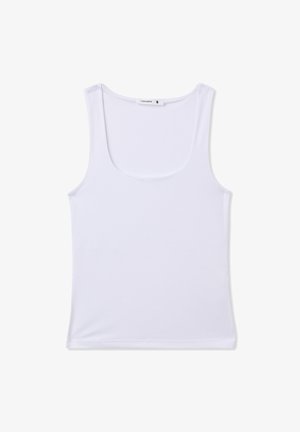 Top senza maniche bianco realizzato in un tessuto morbido e opaco; presenta un collo rotondo e una forma aderente con un orlo dritto.