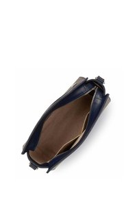 Borsa a tracolla in pelle blu navy con texture liscia, zip superiore e interno beige. Presenta scomparti doppi per una migliore organizzazione.