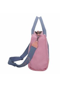 Borsa in tela con corpo rosa, manici blu e dettagli marroni. Presenta una chiusura a scatto e una fodera a pois. Forma compatta con impugnature resistenti.
