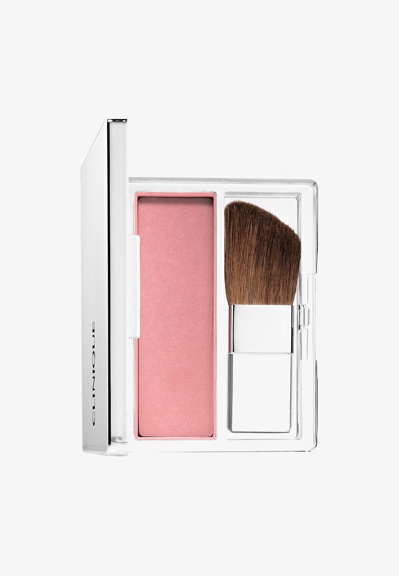 Closed white compact with pink powder blush and angled brown bristle brush inside, Clinique branding on the side.