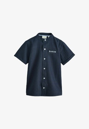 Tumesinine lühikeste varrukatega nööbitav särk tekstuurse mustriga, püsti krae ja vasakul rinnataskul tikitud kirjaga "BAKER".