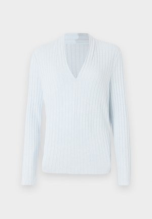 Light blue ribbed sweater with long sleeves and a deep V-neckline, featuring a soft texture and a fitted silhouette.