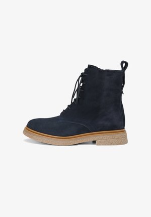 Marineblaue Wildleder-Stiefelette mit Schnürung, strukturiertem Gummisohle und Kontrastnähten. Verfügt über eine Zuglasche an der Rückseite.