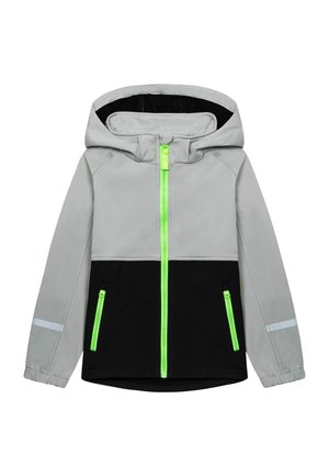 Lekka kurtka z kapturem; ma szary górny materiał, czysty dolny, odblaskowe akcenty oraz neonowo zielone suwaki i kieszenie.
