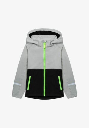 Veste légère avec capuche ; présente un haut gris, un bas noir, des accents réfléchissants et des zips et poches en vert fluo.