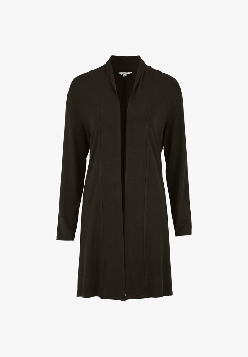 Schwarze Strickjacke aus weichem Stoff, mit einem Schalkragen, offenem Vorderteil und langen Ärmeln mit vertikalen Nahtdetails.